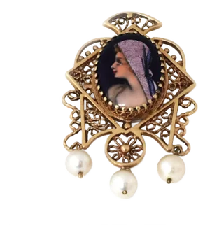 Enamel Painted 14k Gold Cameo Pearls Filigree Brooch Pendant