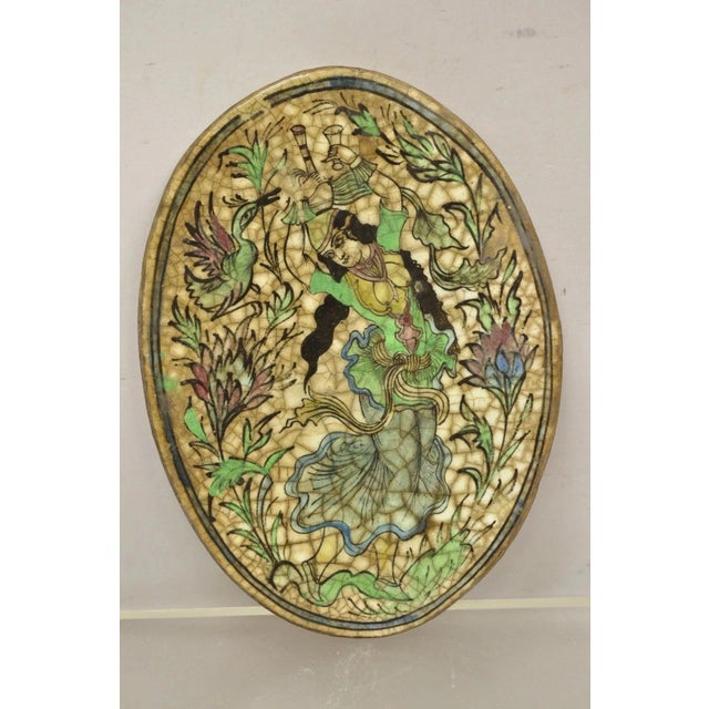 Ceramic Antique Persian Iznik Qajar Style Ceramic Pottery Oval Tile Dancing Woman C3 For Sale - Image 7 of 9
