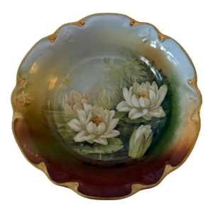 Antique German Three Crowns China Water Lily Bowl With Gold Gilt Hand Painting c.1900