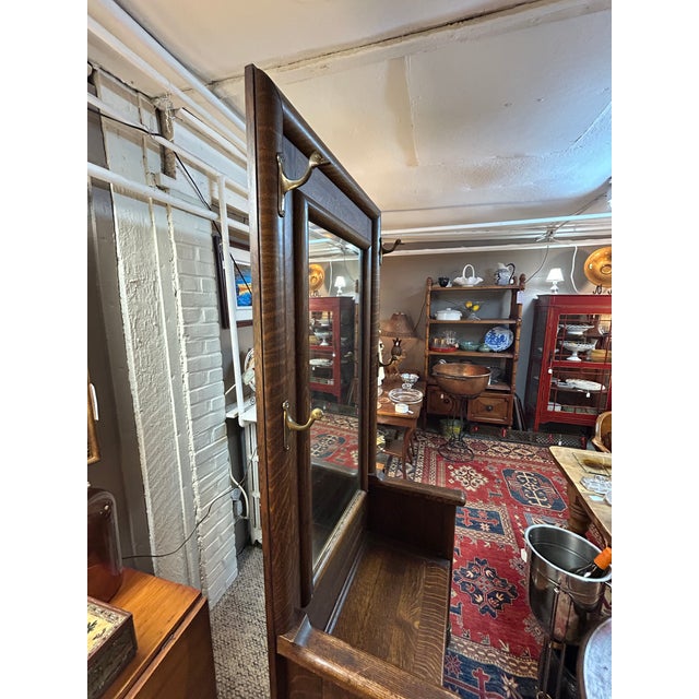 Antique Tiger Oak Hall Tree With Bevelled Mirror & Duck Coat Hooks For Sale - Image 15 of 18