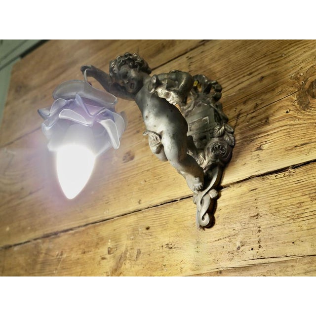 Metal French Arts and Crafts Cherub Wall Lights, 1900, Set of 2 For Sale - Image 7 of 8