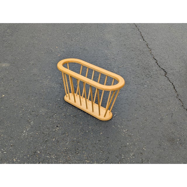 Wood Vintage Oak Spindle Magazine Rack | Mid-Century Modern Newspaper Vinyl Record Stand | Arthur Umanoff Style Wood Storage For Sale - Image 7 of 7