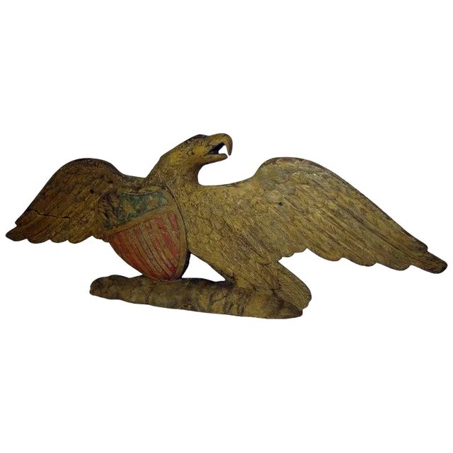 Late 19th Century Hand-Carved & Painted Wooden Eagle With Shield Bellamy Style For Sale
