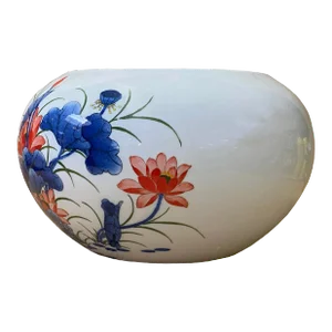 Asian Chinese Porcelain Lotus Fishes Accent Round Bowl Display