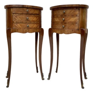1930s Pair of French Louis XV Style Marquetry Nightstands With Drawers and Cabinet For Sale