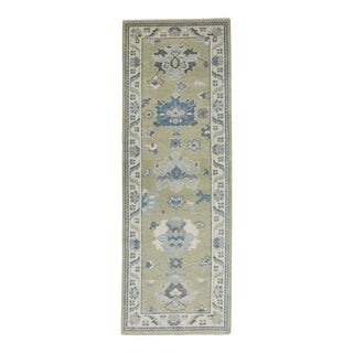 Early 21st Century Green & Blue Floral Design Handwoven Wool Turkish Oushak Rug 2'9" X 7'11" For Sale