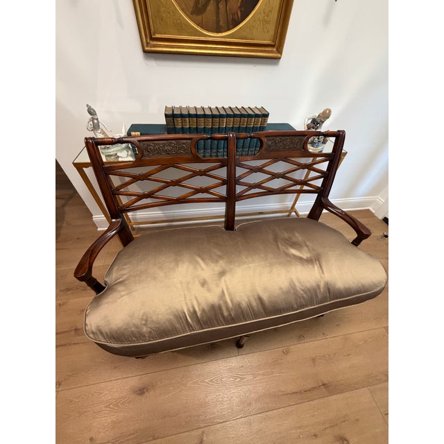 Elegant Vintage Mahogany Lattice-Back Settee With Silk Upholstery For Sale - Image 4 of 8