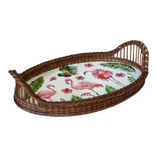 Vintage Coastal Rattan Flamingo Tray With Custom Decoupage Appliqué For Sale