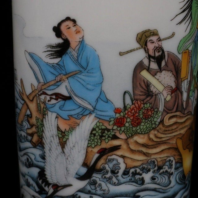 Ceramic Vintage Famille Rose Brush Pot With Eight Immortals Motif For Sale - Image 7 of 9