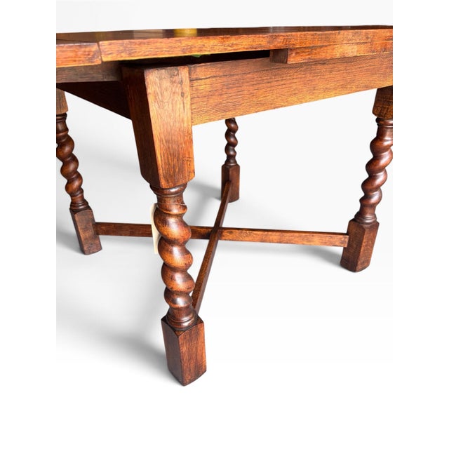 Professionally Restored 1930s Solid Oak Draw Leaf Dining Table With Barley Twist Legs (1a) For Sale - Image 9 of 12