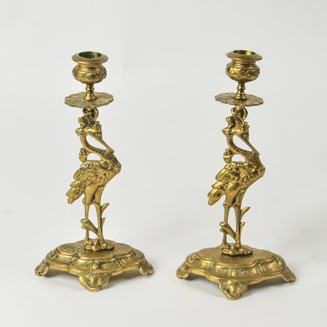 Brass Art Nouveau Style Vintage Brass Crane Candlestick Pair For Sale - Image 8 of 12