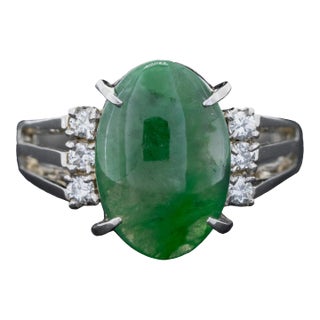 1980s Gia Certified Type a Fei Cui Green Jade and Diamond Ring in Platinum Engagement Anniversary Size 6.25 For Sale