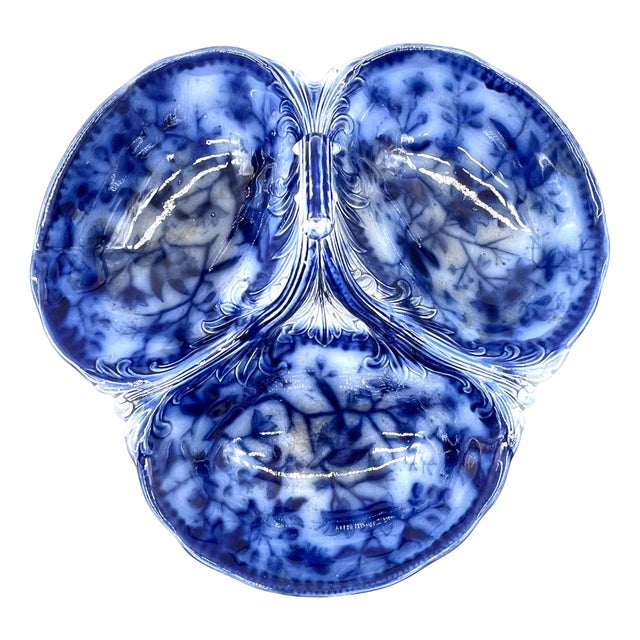 Antique Flow Blue Serving Bowl with Handle 1900s For Sale