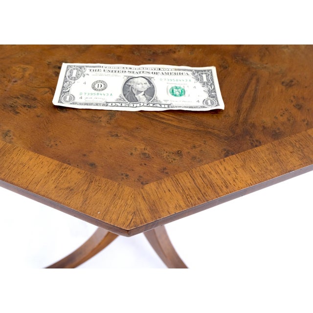 Wood Fine Octagonal Shape Banded Burl Wood Tripod Base Occasional Table Stand For Sale - Image 7 of 12