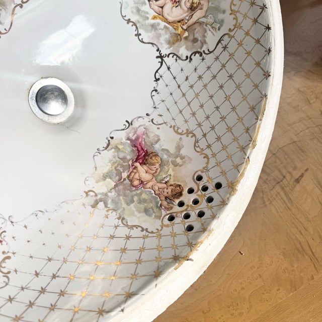 Italian Vintage Italian Oval Hand Painted Cherub Sink by Cesame For Sale - Image 3 of 9