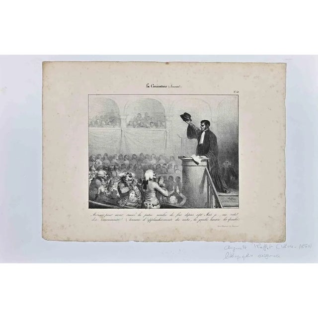 The National Assembly in Paris is a Lithograph realized by Auguste Raffet (1804-1860). Good condition on a yellowed paper....