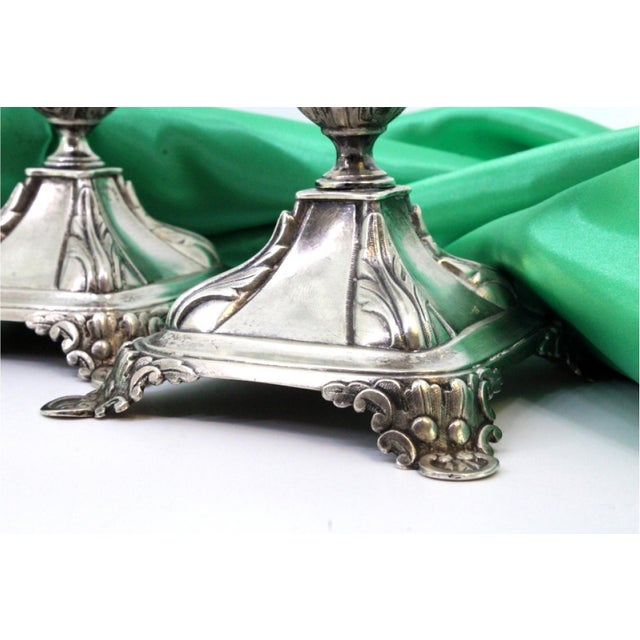 Silver Candlesticks with with Acanthus Leaves Embossed Shaft and Flattened Feet with Reliefs, Set of 2 For Sale - Image 3 of 10