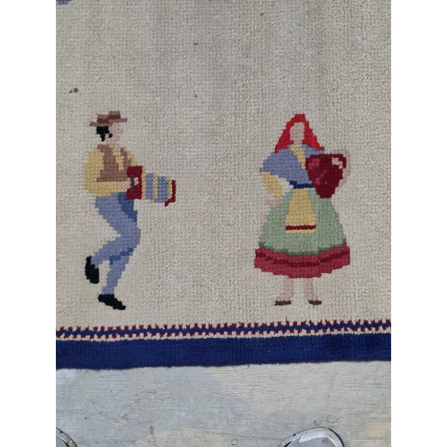 Mid 20th Century Mid-20th Century Vintage Hand-Loomed Folk Art Wool Rug in Ivory & Navy Blue, 9' X 12' For Sale - Image 5 of 10
