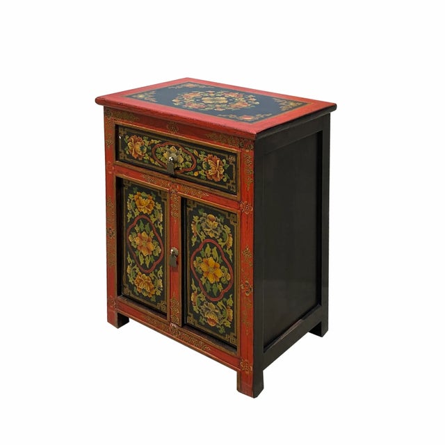 2020s Tibetan Oriental Black Orange Red Floral End Table Nightstand For Sale - Image 5 of 6