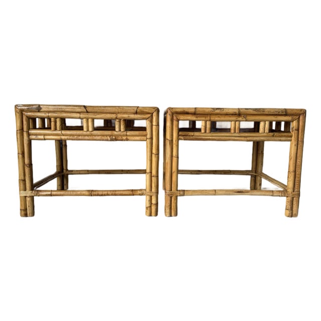 Pair of Vintage Coastal Boho Chic Bamboo Rattan Side Tables/ Sold For Sale