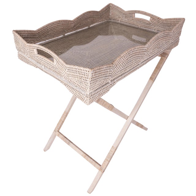 Artifacts Rattan Scallop Design Butler Tray with Wooden Legs Glass Insert, White Wash For Sale - Image 4 of 5