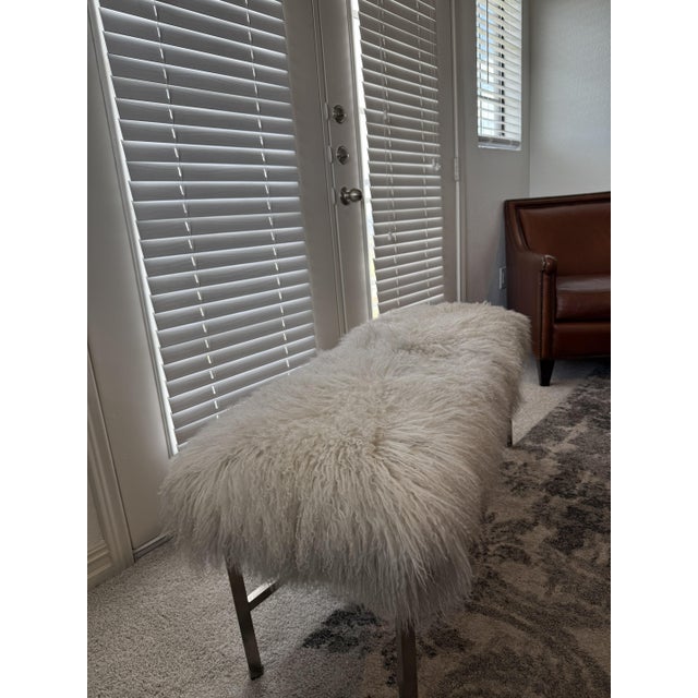Ivory Pasargad Home Mongolian Lamb Fur Bench in Cream With Brushed Metal X‑Base For Sale - Image 8 of 8