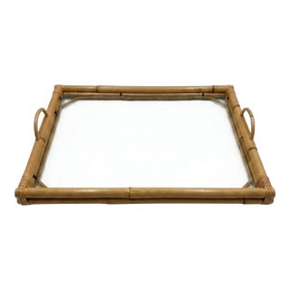 Bamboo & Glass, Vintage Handled Serving Tray — Palm Beach • Coastal Chic • Mid‑Century Modern • British Colonial. See Pics! For Sale