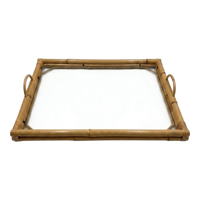 Vintage Glass & Bamboo Handled Serving Tray — Palm Beach • Coastal Chic • Mid‑Century Modern • British Colonial. See Pics! For Sale
