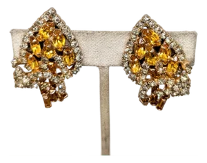 Vintage 1950s Signed Kramer Goldtone Faux-Citrine Leaf Clip Earrings-2 Pieces