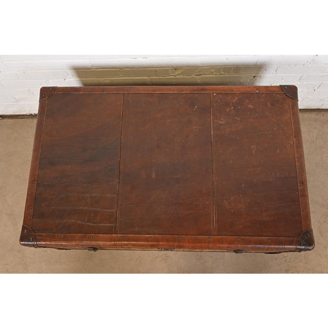 Brown Late 20th Century Baker Furniture Campaign Rattan and Leather Trunk Coffee Table For Sale - Image 8 of 12