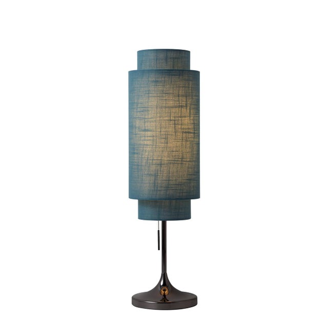 Lollipop Table Lamp - Black Nickel, Sky Blue Linen Double Shade, on/Off Pull Chain For Sale In Los Angeles - Image 6 of 15