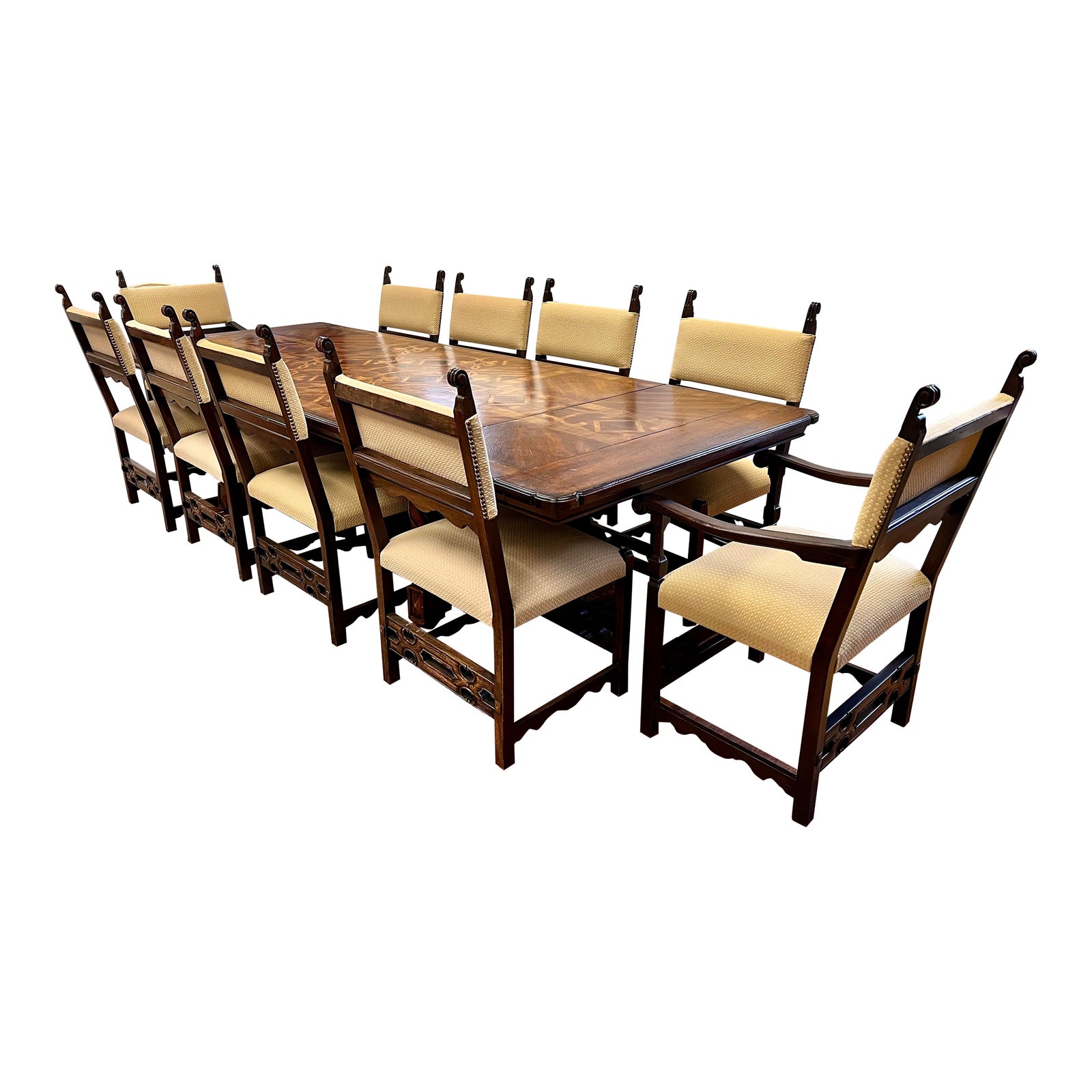 Spanish Revival Walnut Marquetry Dining Set, Table, 10 Chairs Chairish