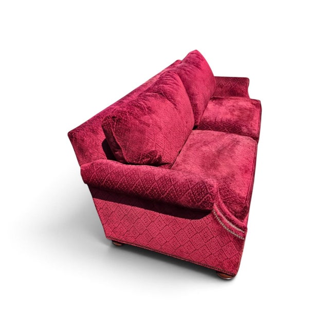 English Theodore Alexander English Traditional Crimson Chenille Rolled-Arm Sofa With Nailhead Trim For Sale - Image 3 of 12
