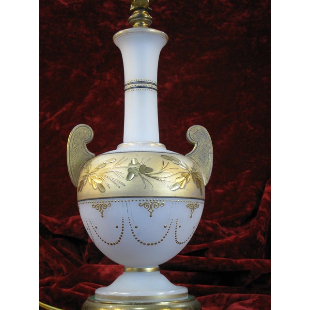 White Table Lamp Glass Urn Vase Antique Bohemian Moser Gold Leaves For Sale - Image 8 of 18