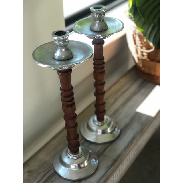 Vintage Mexican Wood & Aluminum Tall Candlestick Holders For Sale - Image 4 of 9