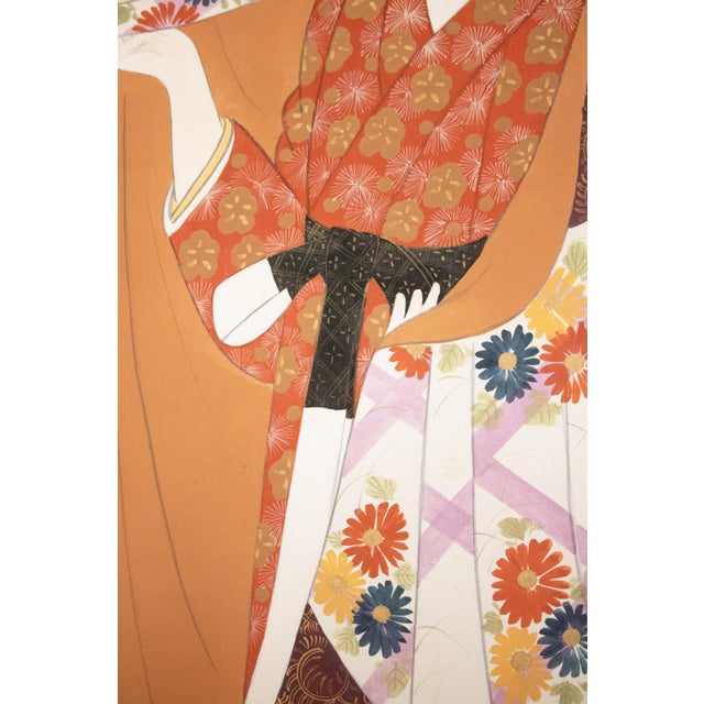 Terra Cotta "Kimono Beauty" by Biho, C. 1950s Showa Era Japanese Silk Scroll Painting For Sale - Image 8 of 18