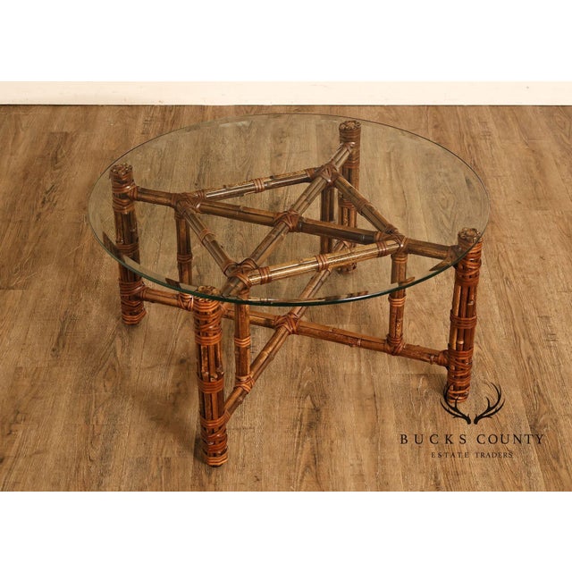 High Quality American Made Round Coffee Table By McGuire Featuring A Bamboo And Rattan Frame With Exposed Joinery And...