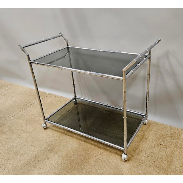1970s 1970s Mid-Century Modern Large Faux Bamboo Steel and Smoked Glass Bar Cart For Sale - Image 5 of 11