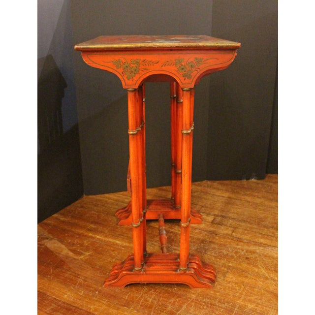 Wood Circa 1900 English Edwardian Set of 4 Red Lacquer Nesting Tables For Sale - Image 7 of 7