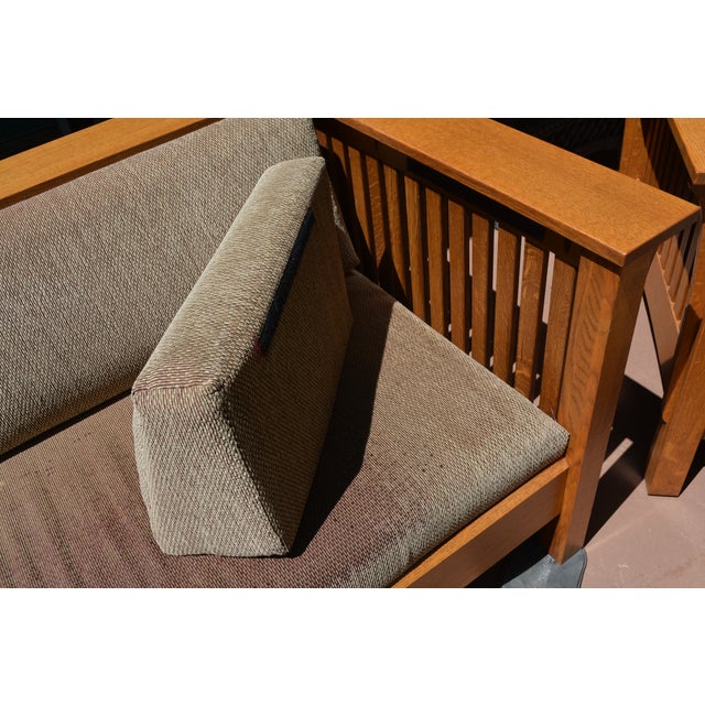 1980s Mission Oak Couch Chair & Ottoman 3 Piece Set by Quality Fabrications - Amish Made - Stickley Style For Sale - Image 13 of 18