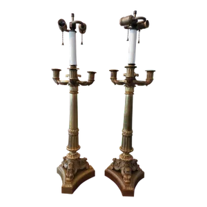 Antique Pair of French Empire Gilt Dore Bronze Lamps
