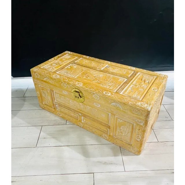 Early 20th Century Early 20th Century Yellow Chinese Carved Camphor Wood Chest For Sale - Image 5 of 9