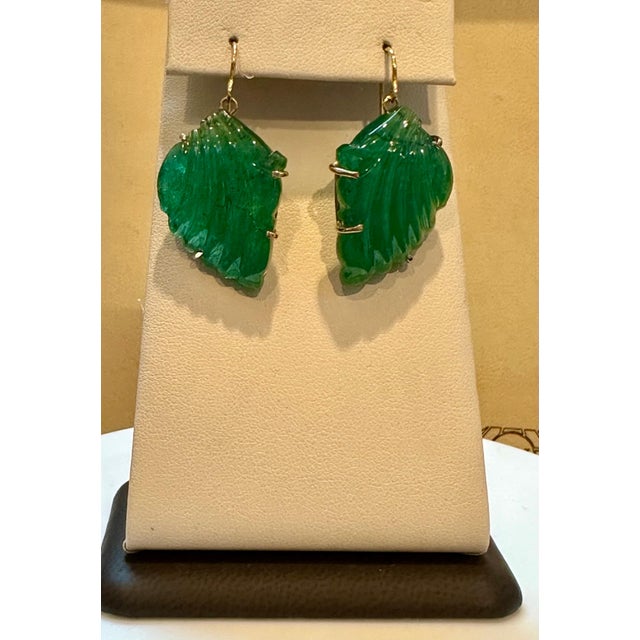 55 Ct Carved Emerald Leaf Shape Earrings 14 Kt Yellow Gold French Wire Earring For Sale In New York - Image 6 of 18