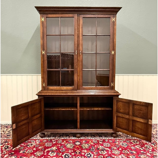 Antique English Large Bookcase Bookshelf Cabinet Double Door Glass Oak C. 1910s For Sale - Image 12 of 18
