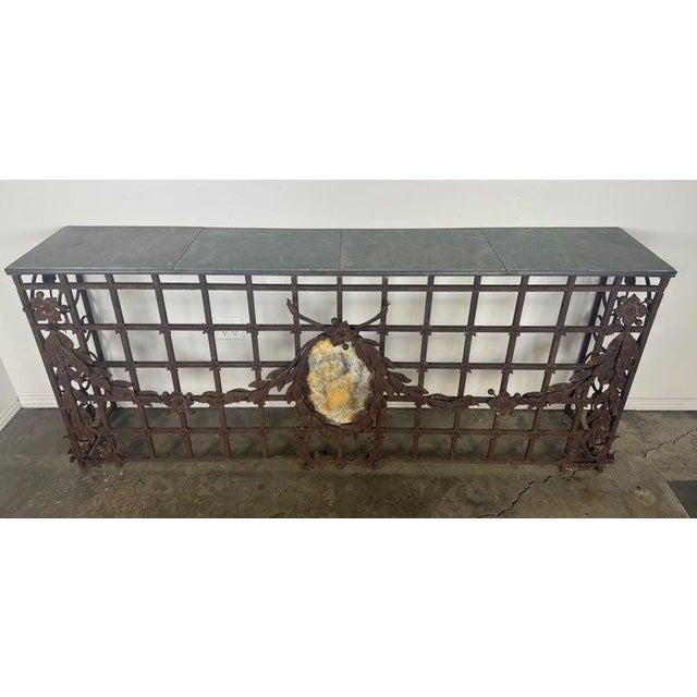 Neoclassical Monumental Hand-Wrought Iron Console With Stone Medallion and Classical Garlands For Sale - Image 3 of 17