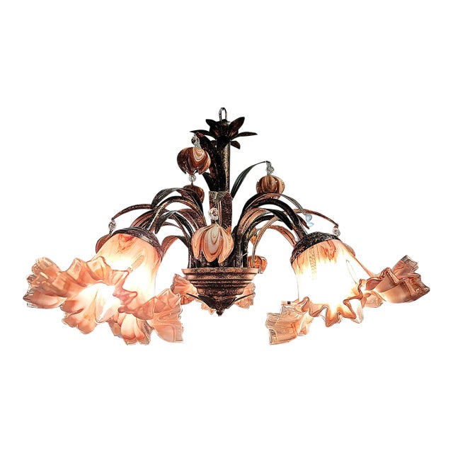 Venetian Italian Metal and Blown Glass Floral Chandelier For Sale