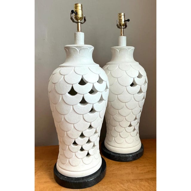 Vintage Scalloped Ceramic Table Lamps - a Pair For Sale - Image 11 of 13