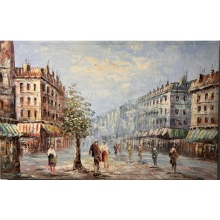 Late 20th Century Vintage Paris Street Scene Original Oil Painting on Canvas 33"x21" Unframed For Sale
