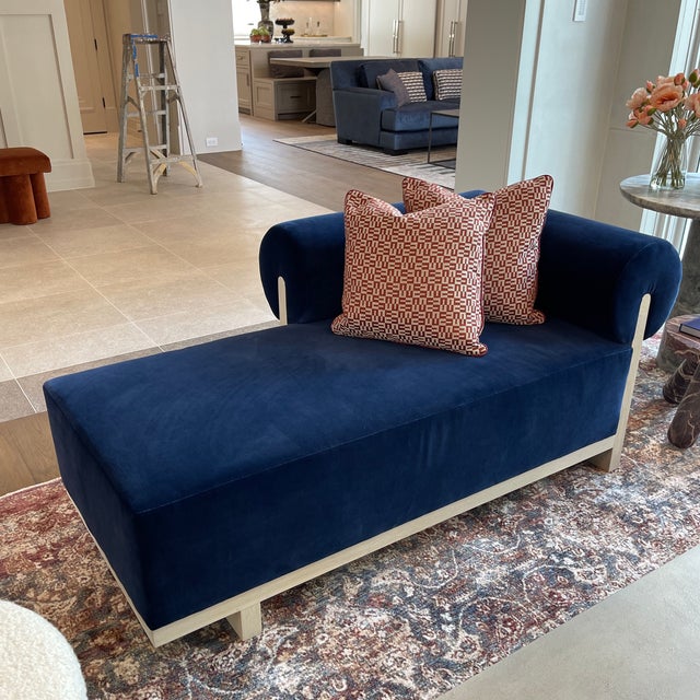 Custom Blue Velvet Chaise Lounge in Bleach Hardwood Finish Chairish