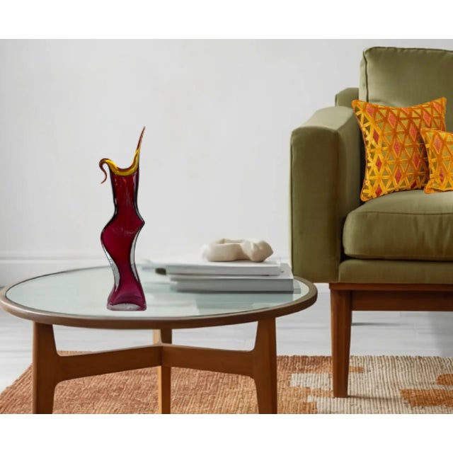 20 In. Tall Signed Young & Constantin Ruby Art Glass Hourglass Pulled Lip Vase For Sale - Image 12 of 18
